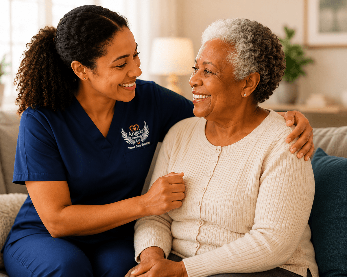 Caregiver smiling with senior client